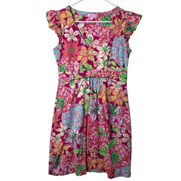 Lilly Pulitzer Dresses & Skirts - Lilly Pulitzer Pink Floral Cottagecore Silk Blend Ruffle Sleeve Summer Dress M